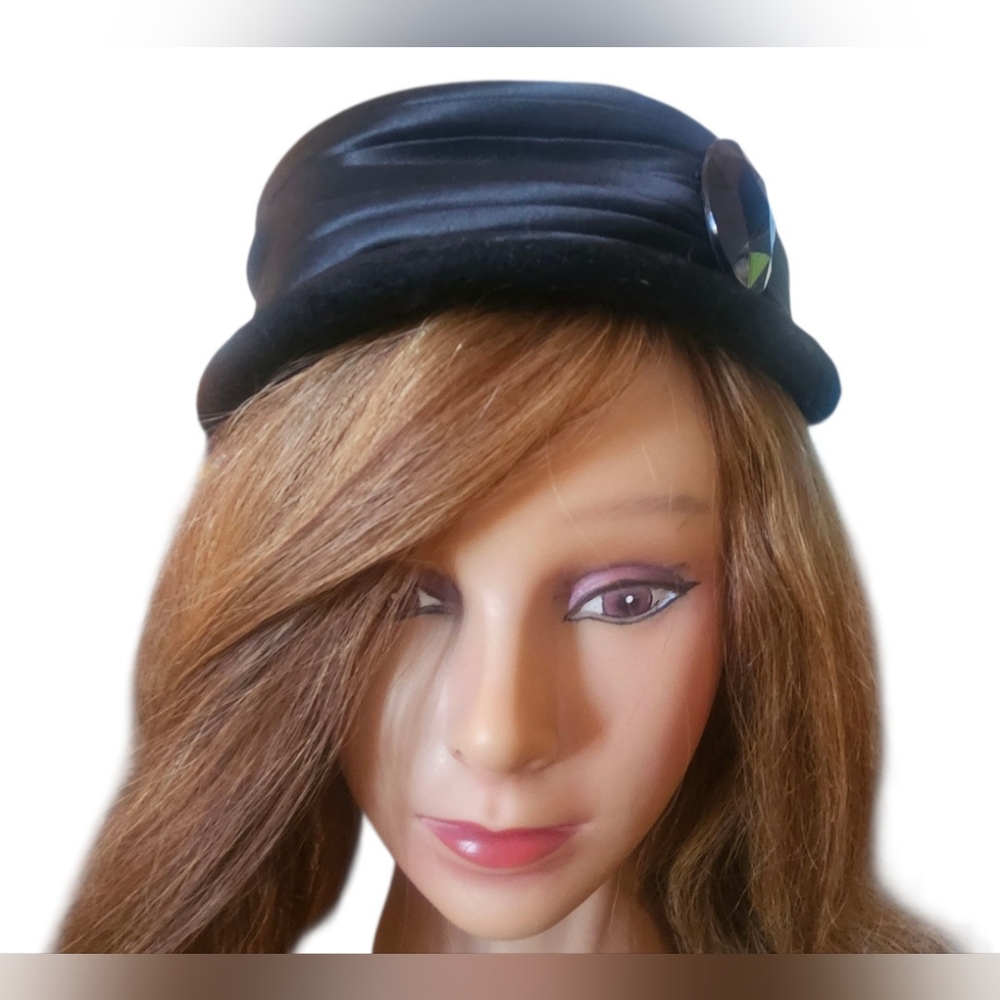Rare Vintage 1960s Mr Michael Black Cloche Hat Satin Ribbon Trim Jewel Accent